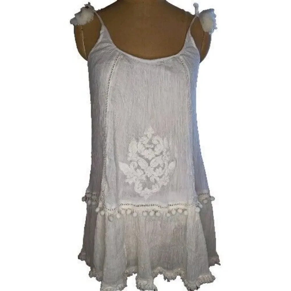 Bindu Boho Sundress Paloma Blue Tassel Tie Lined Tiered small white‎ new